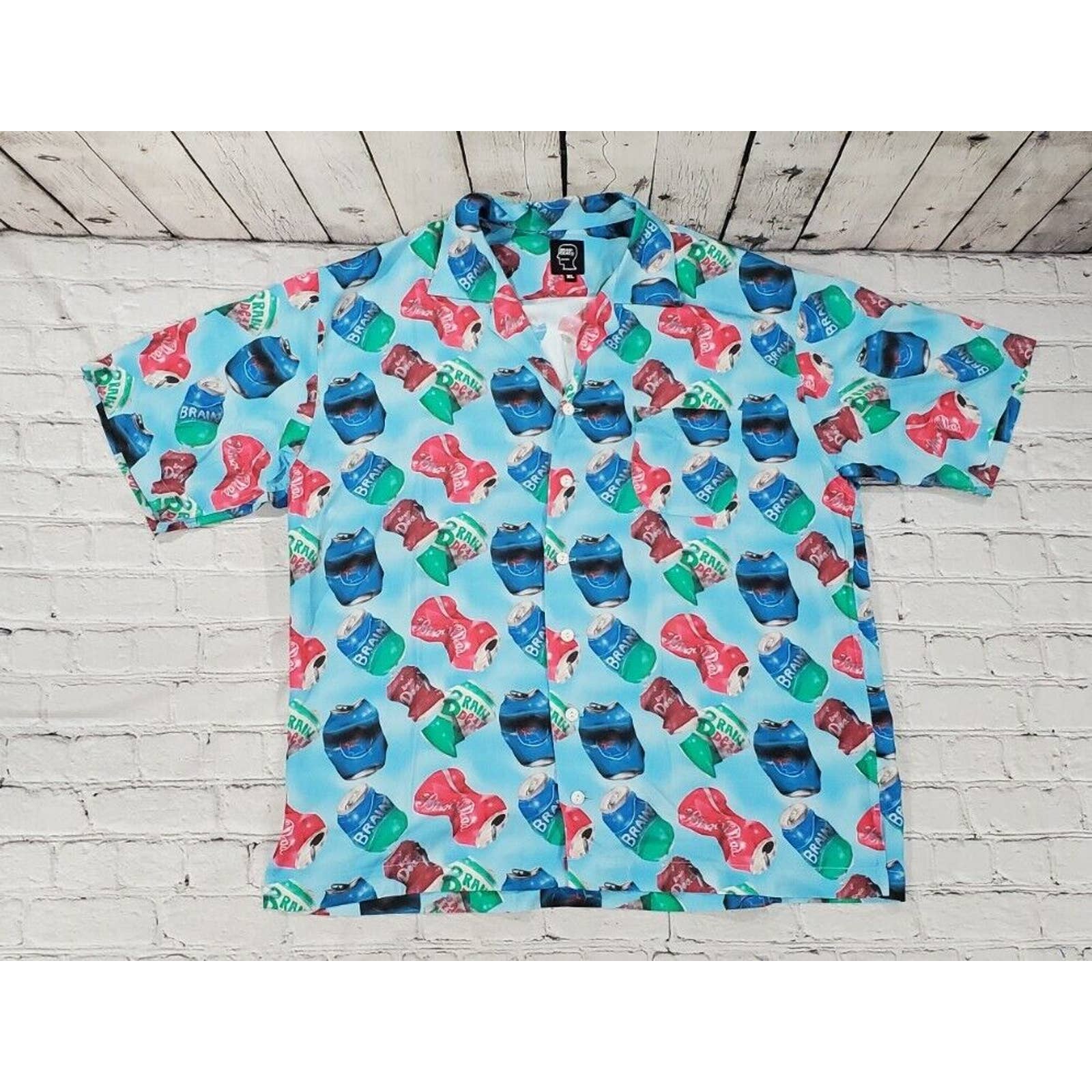 Brain Dead Aaron Jupin Can Hawaiian Button Down Shirt Blue Mens Size Xl